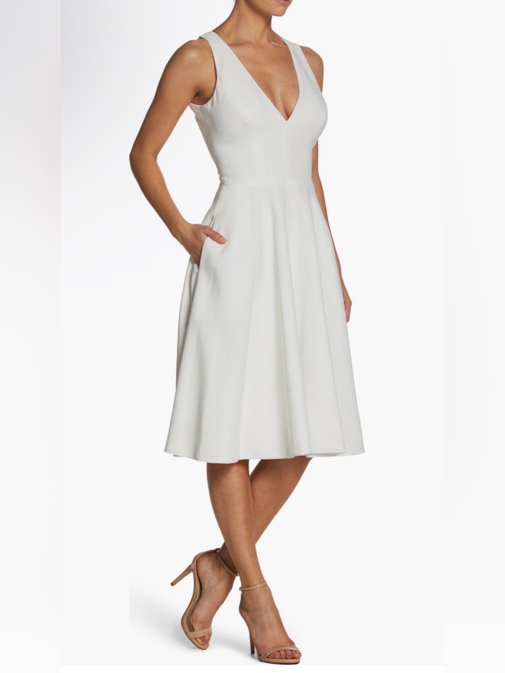 Dress The Population White V-Neck Fit-And-Flare Midi Dress